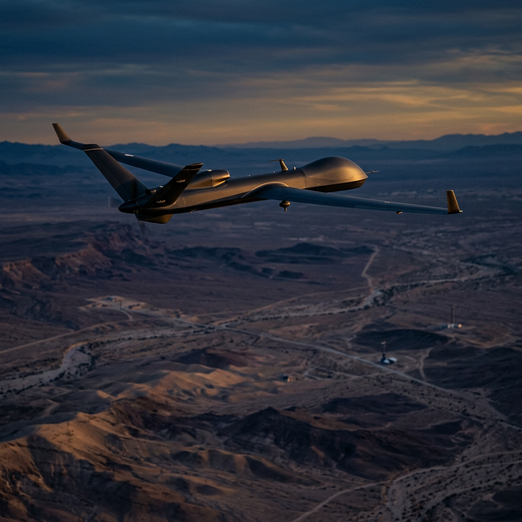 Military drone flying over desert terrain at dusk