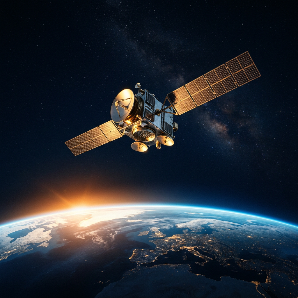 Communications satellite with solar panels orbiting above the Earth