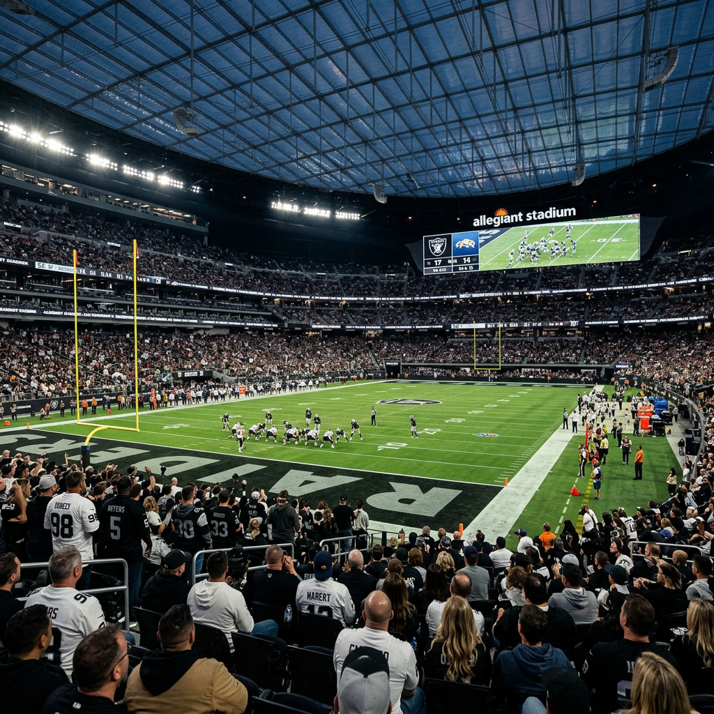 Interior of a packed professional football stadium at night, field lit under a glass roof
